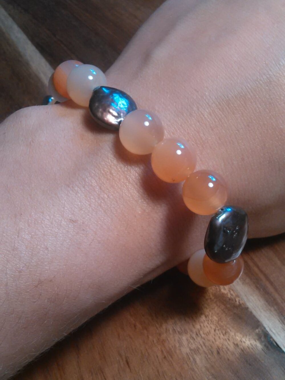 Red Agate and Bronze Pearl Stainless Steel Bracelet (7.25 to 9 Inch)